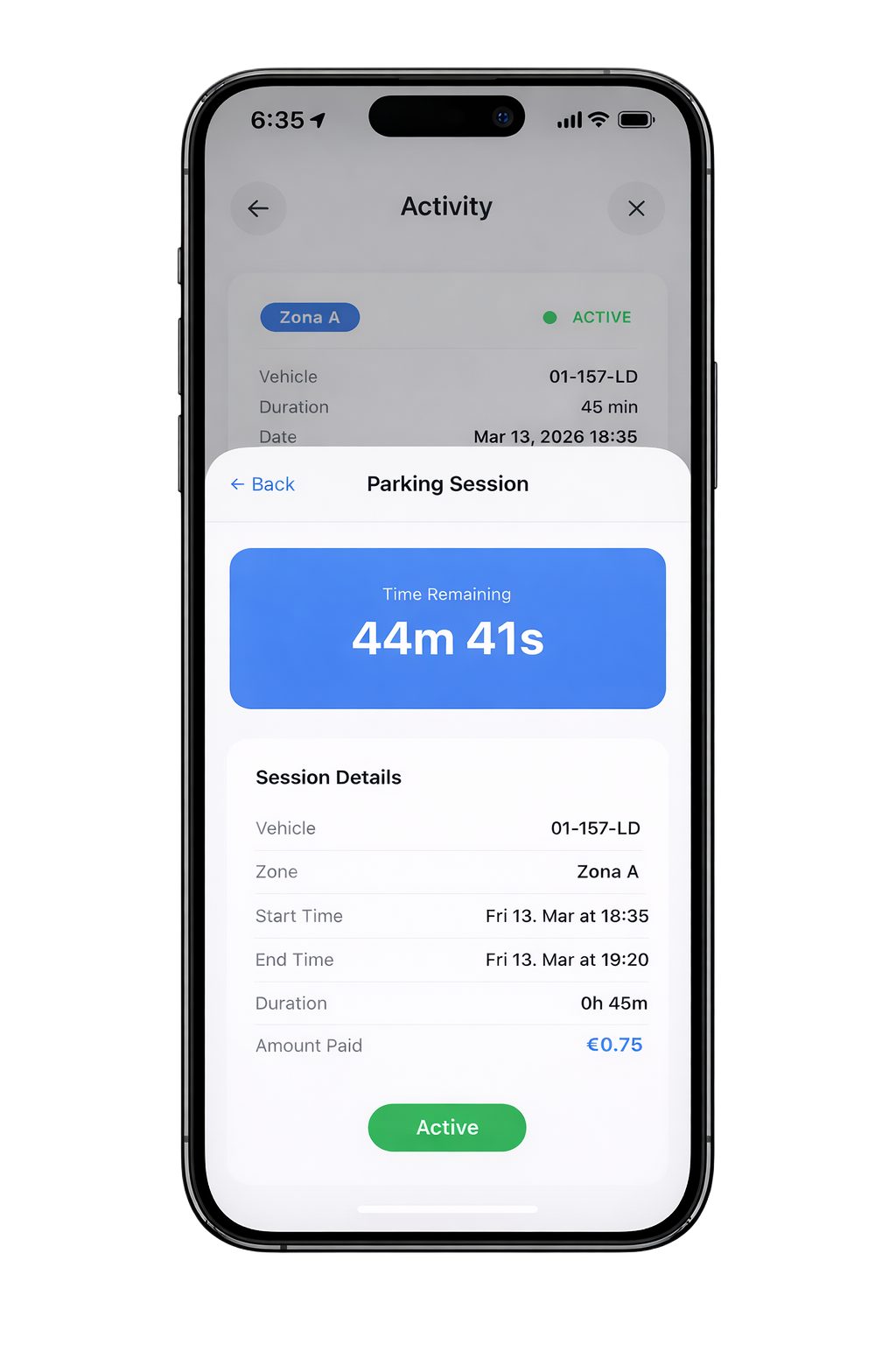 Parking app payment screenshot